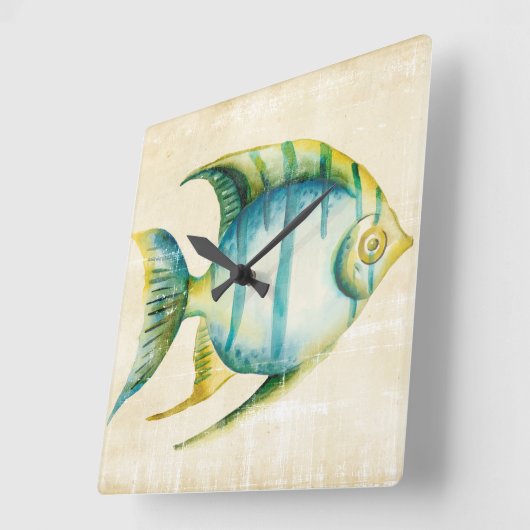 青および黄色のアクアリウムの魚 スクエア壁時計 (傾斜)