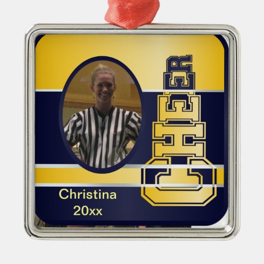 青および黄色のチアリーティングの写真のオーナメント メタルオーナメント (正面)