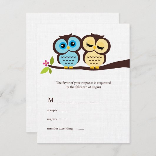 青および黄色のフクロウの結婚 出欠カード (正面/裏面)