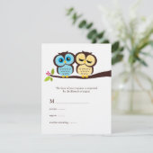 青および黄色のフクロウの結婚 出欠カード (スタンド正面)