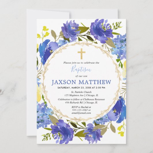 青および黄色の花の男の子の洗礼の招待状 招待状 (正面)