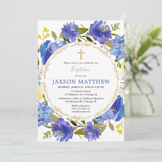 青および黄色の花の男の子の洗礼の招待状 招待状 (スタンド正面)