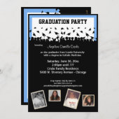 青および黒いシルエットの卒業パーティー 招待状 (正面/裏面)