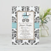 青および黒いダマスク織のベビーシャワー招待状 招待状 (スタンド正面)