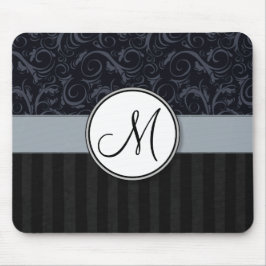 青および黒い花の小束はモノグラムと、縞で飾ります マウスパッド