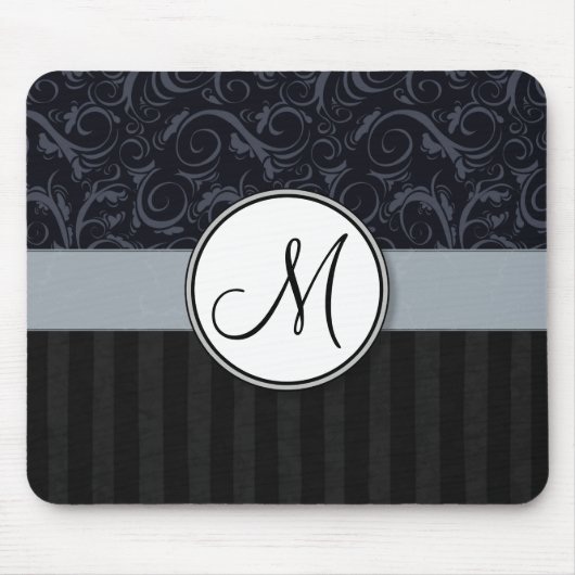 青および黒い花の小束はモノグラムと、縞で飾ります マウスパッド (正面)