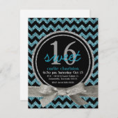 青および黒のグリッターの一見のシェブロンの菓子16のパーティー 招待状 (正面/裏面)
