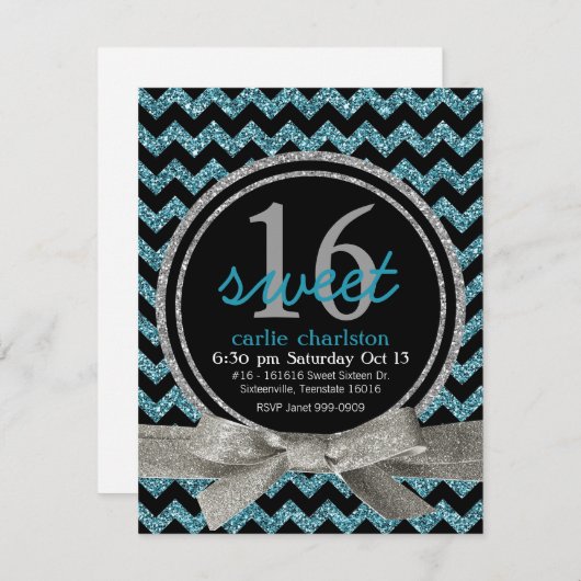 青および黒のグリッターの一見のシェブロンの菓子16のパーティー 招待状 (正面/裏面)