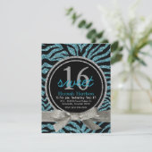 青および黒のグリッターの一見のシマウマの菓子16のパーティー 招待状 (スタンド正面)