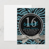 青および黒のグリッターの一見のシマウマの菓子16のパーティー 招待状 (正面/裏面)