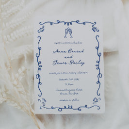 青お洒落いドードル結婚フレーム 招待状