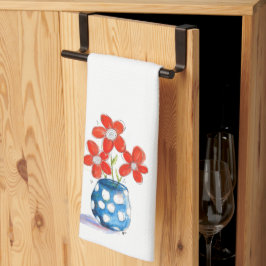 青お洒落い花瓶にオレンジ色の花 キッチンタオル