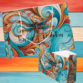 青お洒落とオレンジのスチームパンクドラゴンフライ ラージペーパーバッグ