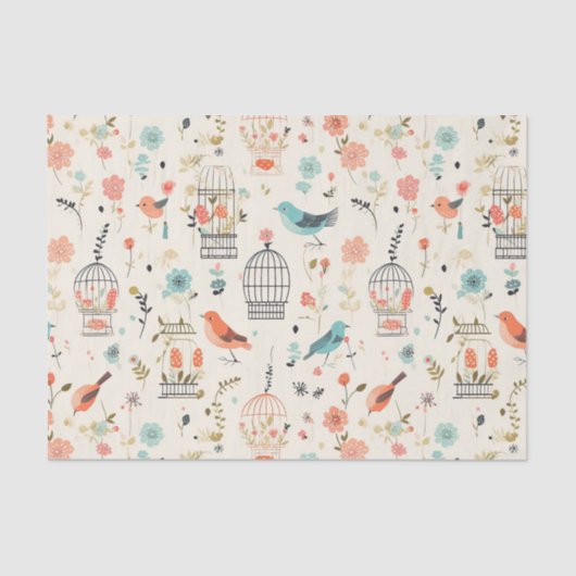 青お洒落とオレンジのヴィンテージの鳥 薄葉紙 (正面)