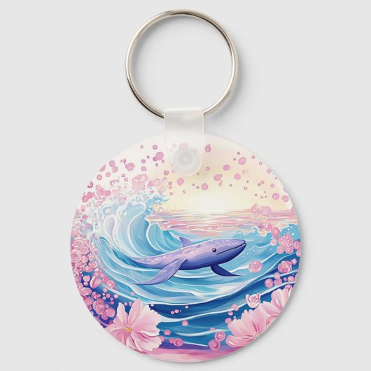 青お洒落とピンクのホエールアート キーホルダー (正面)
