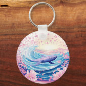 青お洒落とピンクのホエールアート キーホルダー (正面)