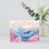 青お洒落とピンクのホエールアート ポストカード (スタンド正面)