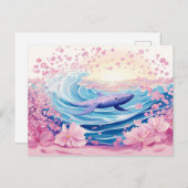 青お洒落とピンクのホエールアート ポストカード (正面/裏面)