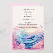 青お洒落とピンクのホエールアート 招待状 (正面/裏面)