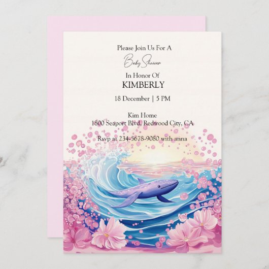 青お洒落とピンクのホエールアート 招待状 (正面/裏面)