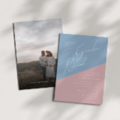 青お洒落とピンクの写真ベビー性別の表示 招待状