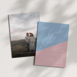 青お洒落とピンクの写真ベビー性別の表示 招待状