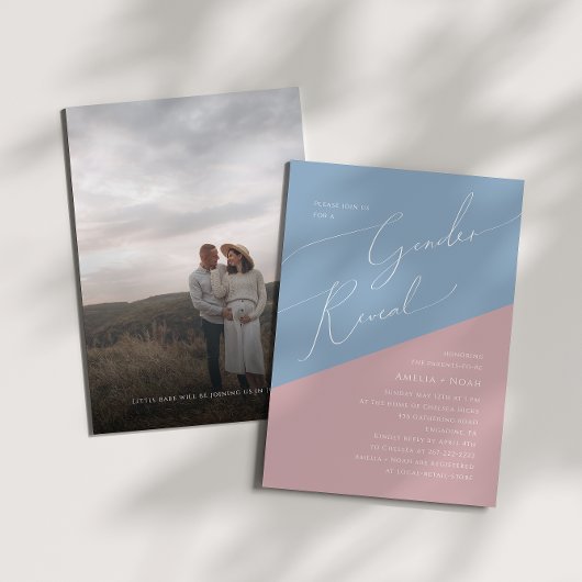 青お洒落とピンクの写真ベビー性別の表示 招待状