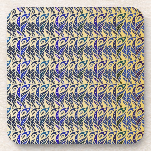 青お洒落と金ゴールドの孔雀の羽模様 コースター (正面)