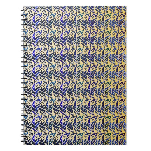 青お洒落と金ゴールドの孔雀の羽模様 ノートブック (正面)