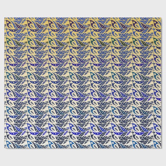 青お洒落と金ゴールドの孔雀の羽模様 ラッピングペーパー (フラット)