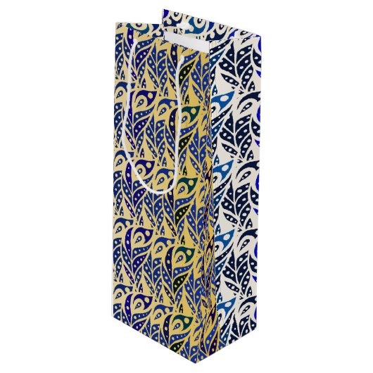 青お洒落と金ゴールドの孔雀の羽模様 ワインギフトバッグ (正面アングル)