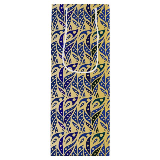 青お洒落と金ゴールドの孔雀の羽模様 ワインギフトバッグ (正面)