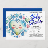 青お洒落ハート水彩少年の赤ちゃんシャワー 招待状 (正面/裏面)