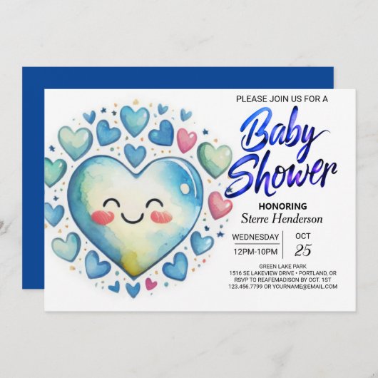 青お洒落ハート水彩少年の赤ちゃんシャワー 招待状 (正面/裏面)
