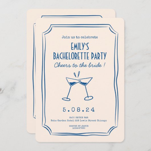 青お洒落ファンキーバチェロレッテ 招待状 (正面/裏面)