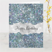青お洒落フェイク銀グリッター誕生日 カード (黄色い花)