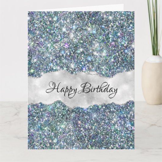 青お洒落フェイク銀グリッター誕生日 カード (正面)