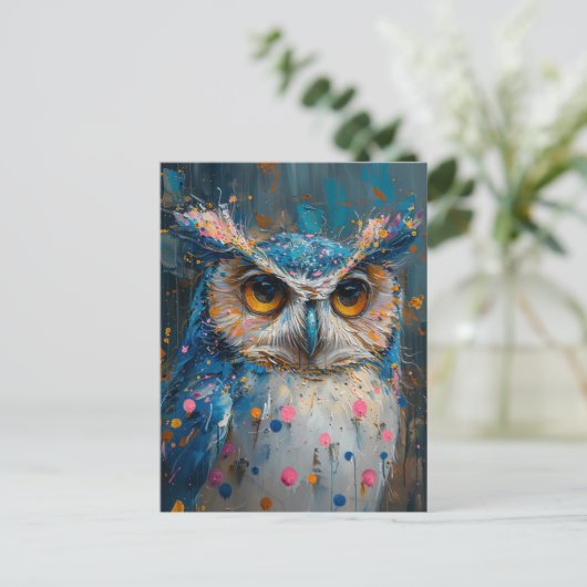 青お洒落フクロウ水玉模様(ばちゃばちゃ)跳ねる ポストカード (スタンド正面)