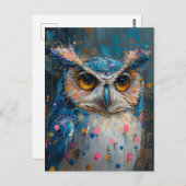 青お洒落フクロウ水玉模様（ばちゃばちゃ）跳ねる ポストカード (正面/裏面)