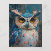 青お洒落フクロウ水玉模様（ばちゃばちゃ）跳ねる ポストカード (正面)