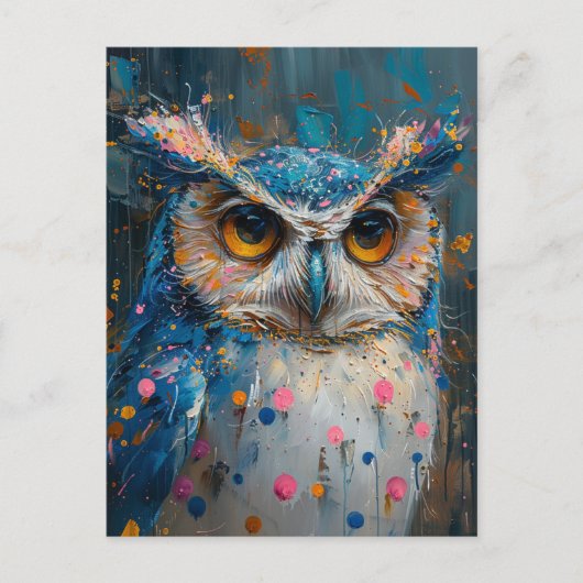 青お洒落フクロウ水玉模様（ばちゃばちゃ）跳ねる ポストカード (正面)