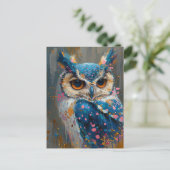 青お洒落フクロウ絵を描(ばちゃばちゃ)跳ねる ポストカード (スタンド正面)
