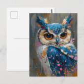 青お洒落フクロウ絵を描（ばちゃばちゃ）跳ねる ポストカード (正面/裏面)