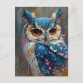 青お洒落フクロウ絵を描(ばちゃばちゃ)跳ねる ポストカード (正面)