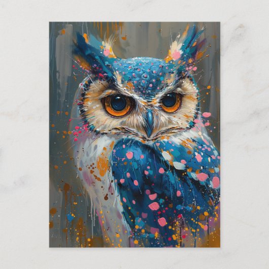 青お洒落フクロウ絵を描（ばちゃばちゃ）跳ねる ポストカード (正面)