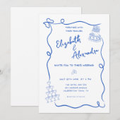 青お洒落フランスの手引結婚き 招待状 (正面/裏面)