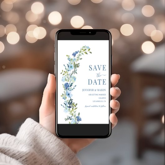 青お洒落フローラリース保存日付 招待状