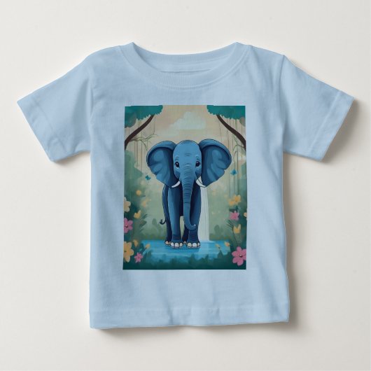 青お洒落ベビー象 ベビーTシャツ (正面)