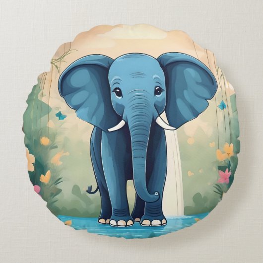 青お洒落ベビー象 ラウンドクッション (正面)