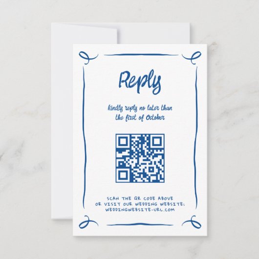 青お洒落図解入りの、写真付きの手描きおもしろい結婚 出欠カード (正面)